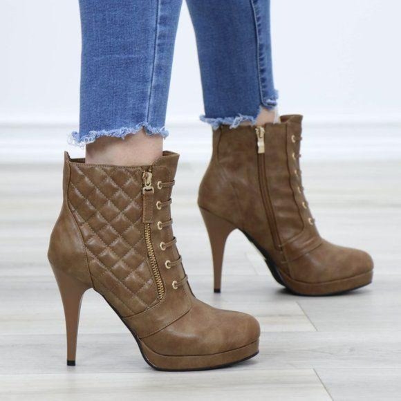 Khaki Platform High Heel Boots Light Fur inside - Picture 3 of 12